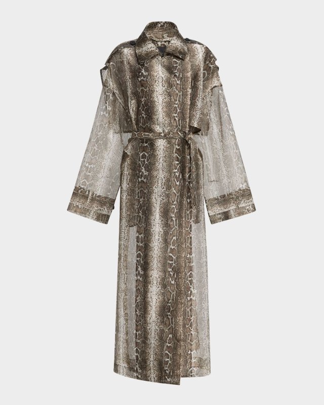 Snake Print Organza Double-Breasted Trench Coat